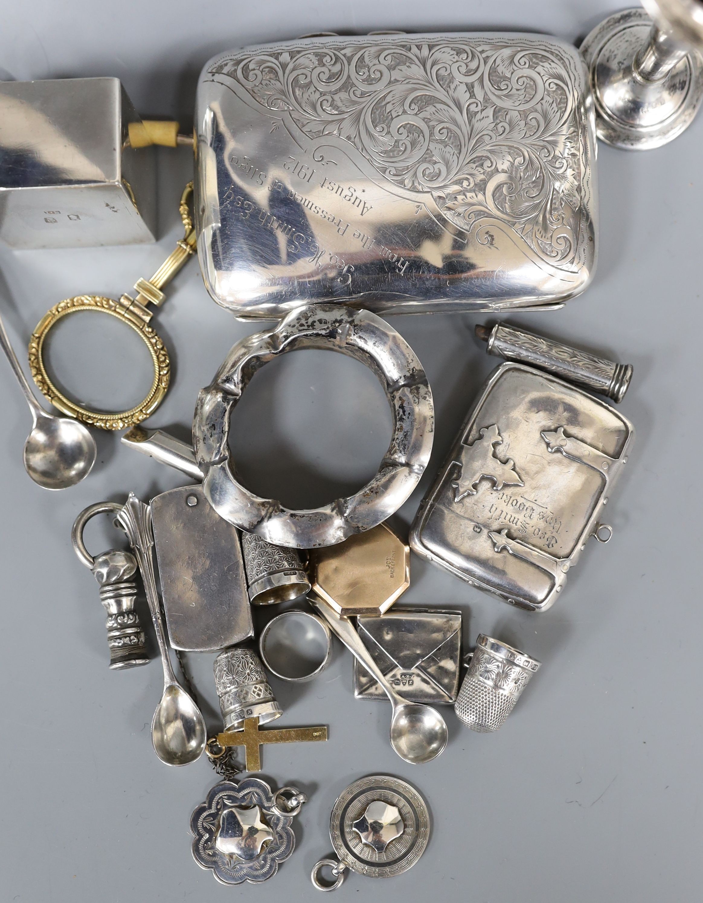 Small silver etc. including two vesta cases, a cigarette case, thimbles, inkwell, etc.